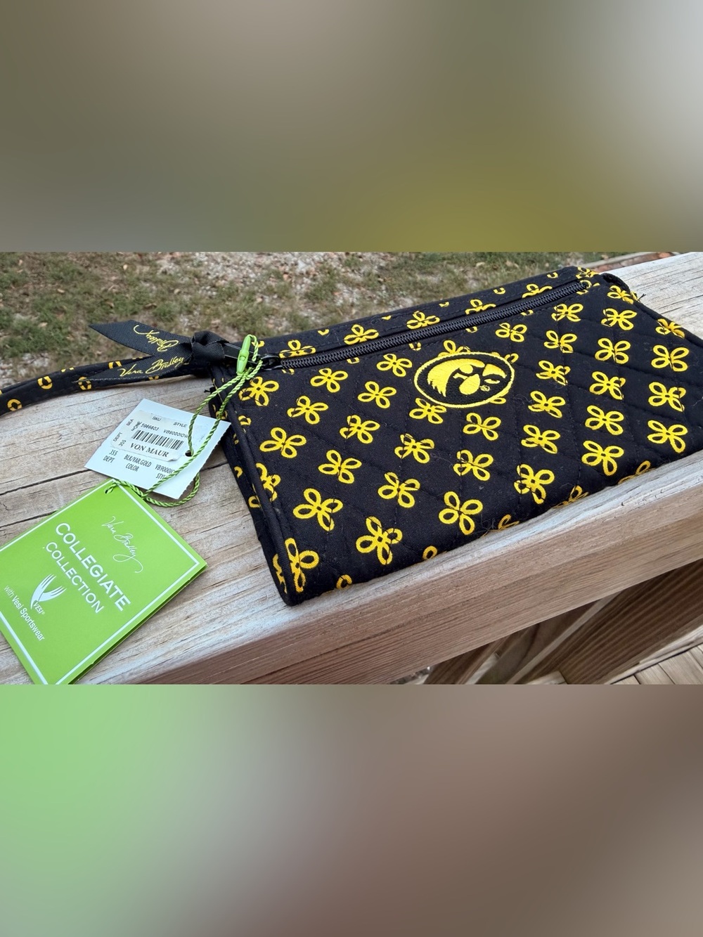 Vera Bradley Black Quilted Wristlet with Yellow Floral Motif